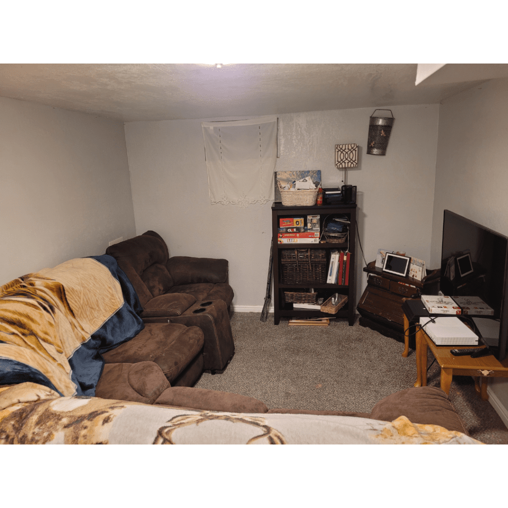 Image illustrates a family room for fun family game nights.