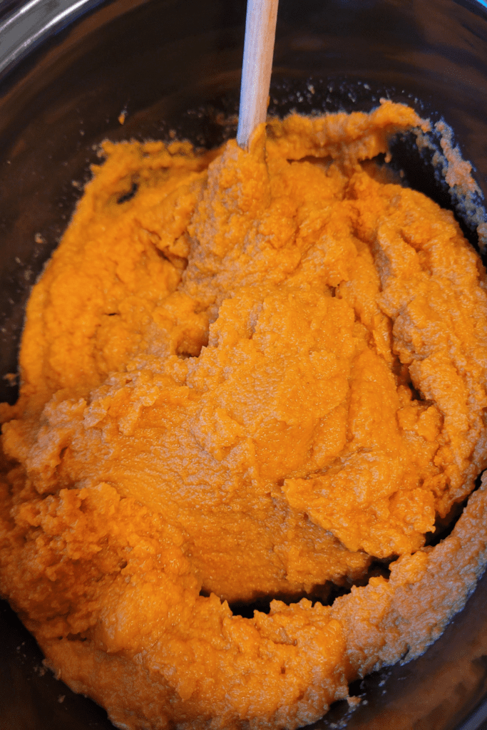 Image illustrates pumpkin puree for pumpkin butter.