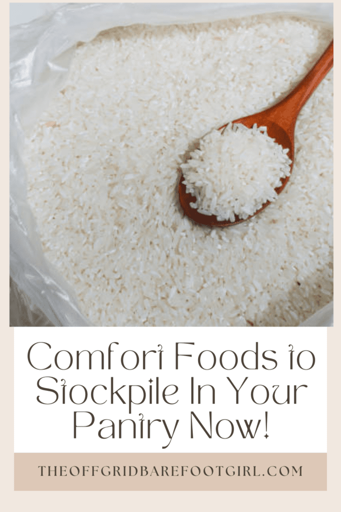 Image illustrates a Pinterest pin of comfort foods to stockpile in the pantry.