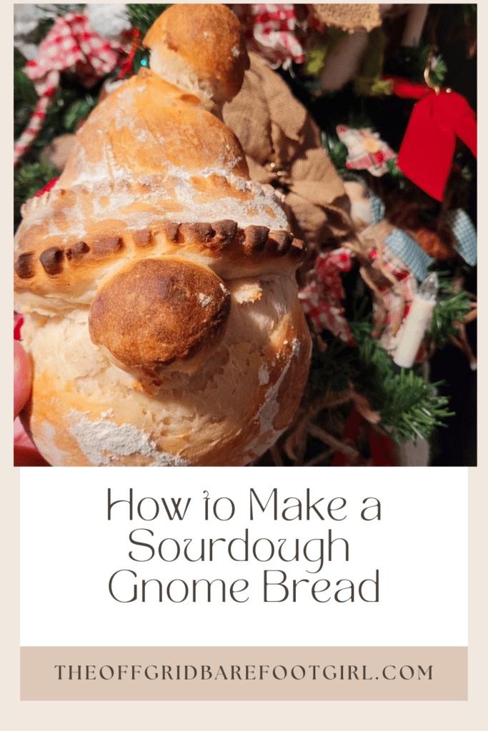 Image illustrates a Pinterest pin of sourdough gnome bread.