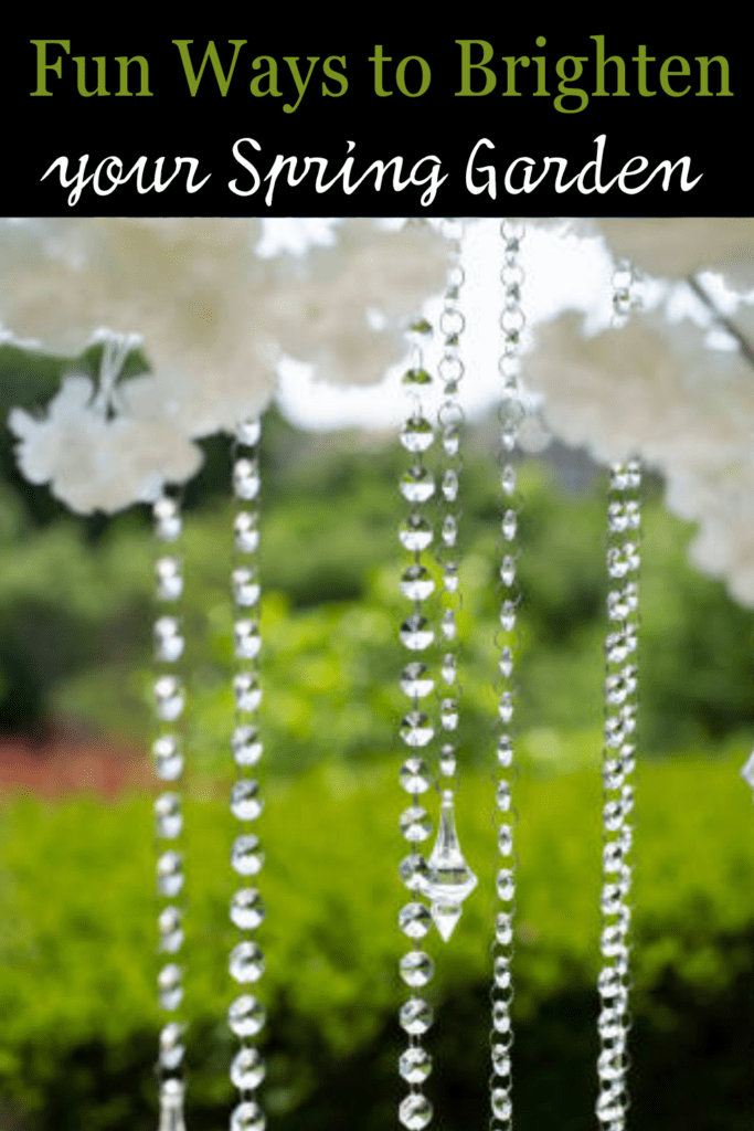 Image illustrates a crystal raindrop wind chime for a spring garden.