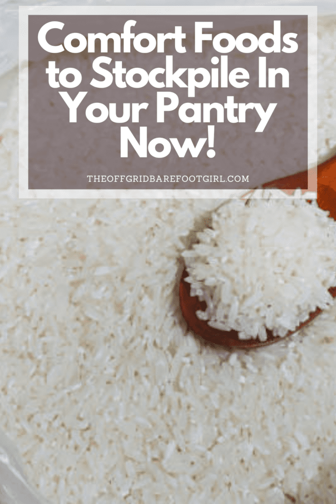 Image illustrates a Pinterest pin of comfort foods to stockpile in the pantry.