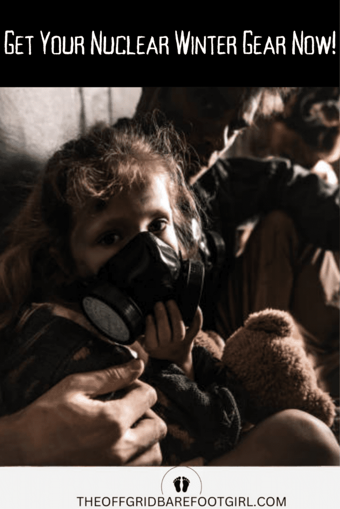 Image illustrates a girl in a gas mask for nuclear winter.