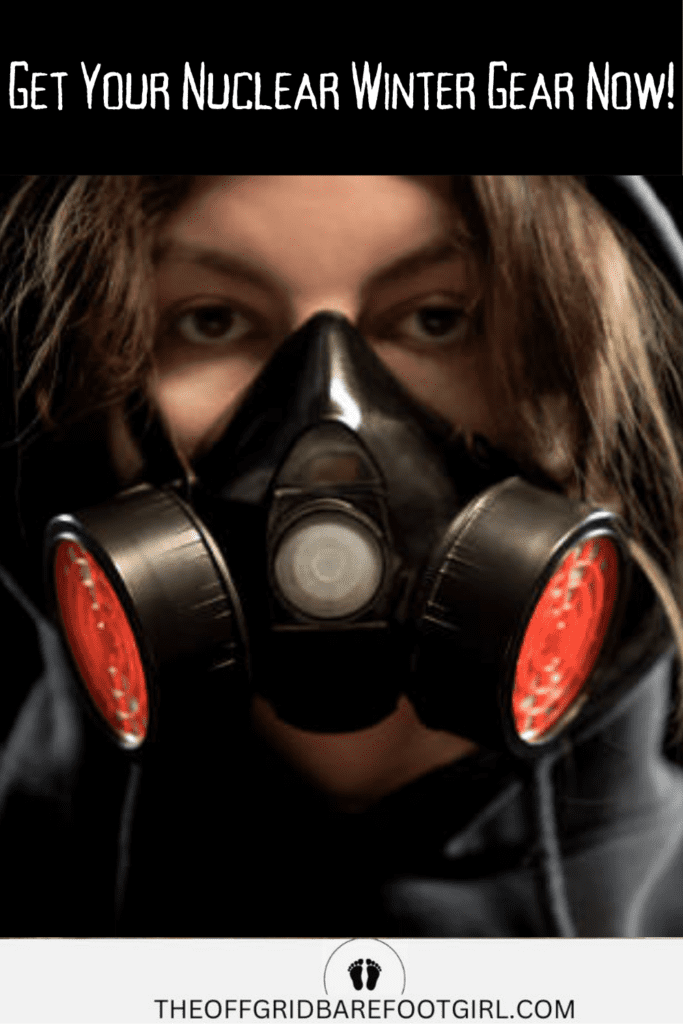 Image illustrates a girl in a gas mask for nuclear winter.