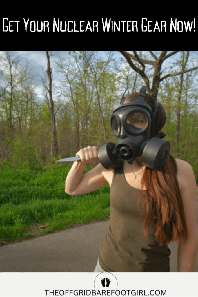Image illustrates a girl in a gas mask for nuclear winter.