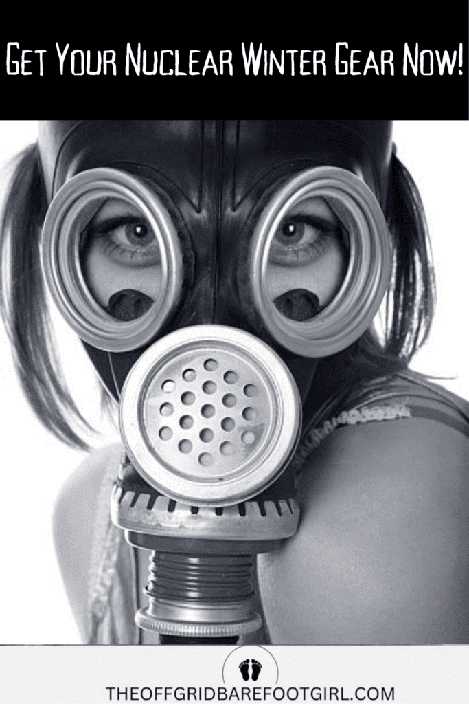 Image illustrates a girl in a gas mask for nuclear winter.