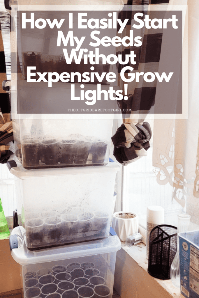 Image illustrates a Pinterest pin of seed starting without grow lights in a greenhouse tower.