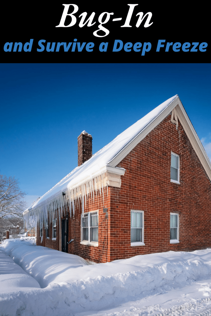 Image illustrates a house covered in snow during a deep freeze.