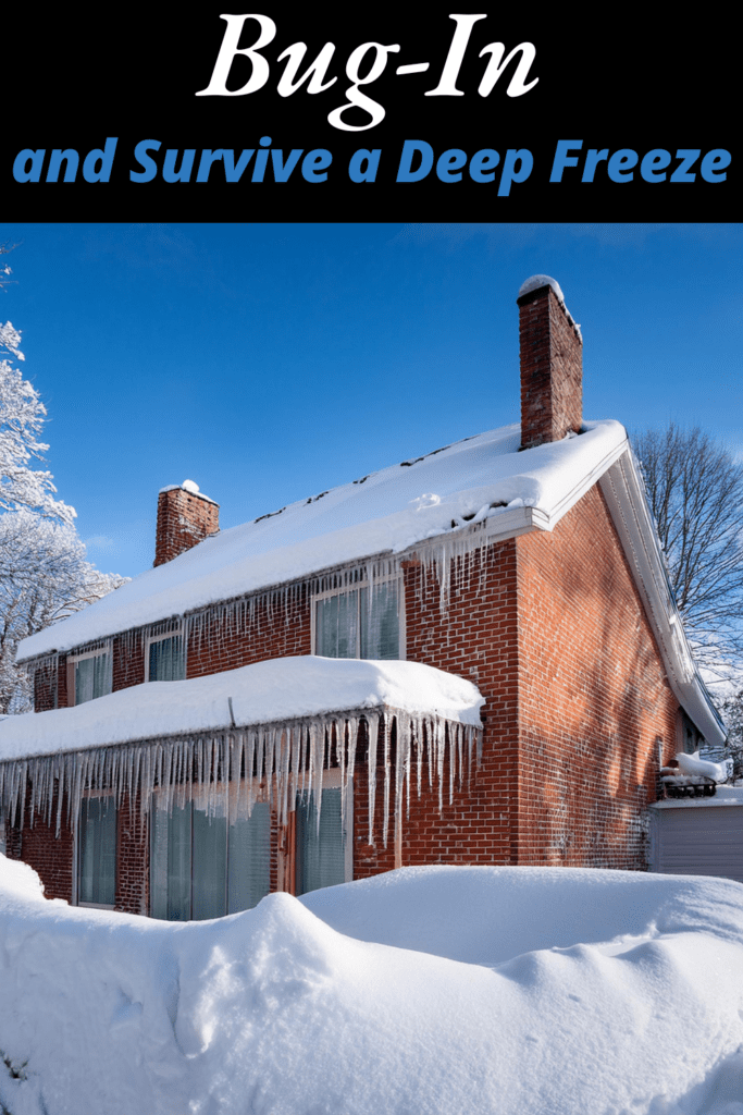 Image illustrates a house covered in snow during a deep freeze.