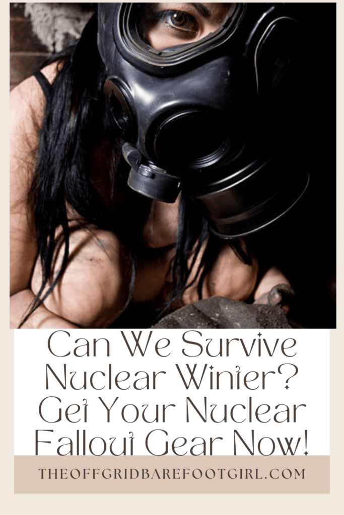 Image illustrates a Pinterest pin of a girl in a gas mask for nuclear winter fallout gear.