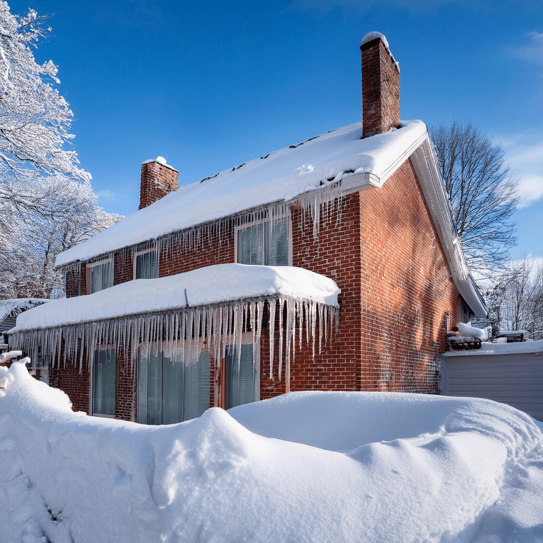 Image illustrates a house in a deep freeze.