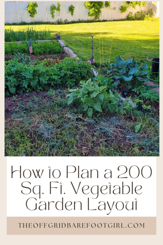 Image illustrates a Pinterest pin of a vegetable garden layout. 