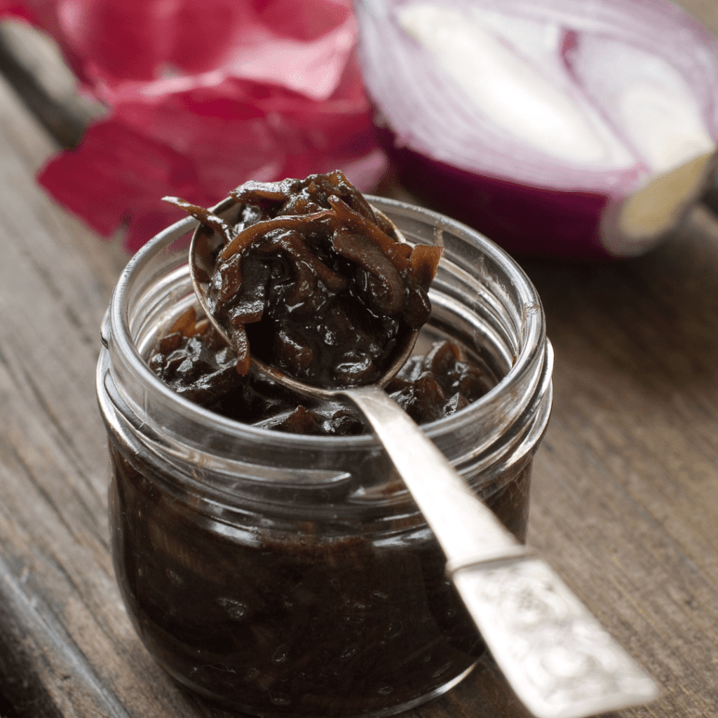 Image illustrates balsamic onion jam.