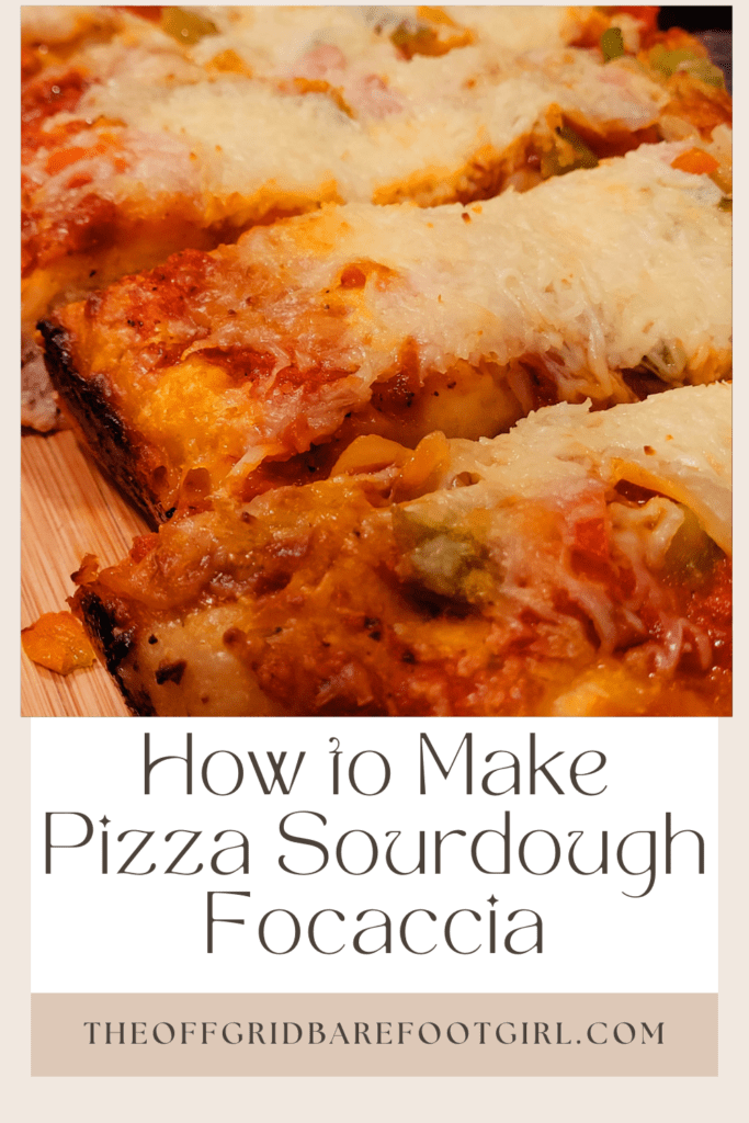 Image illustrates a Pinterest pin of pizza sourdough focaccia.