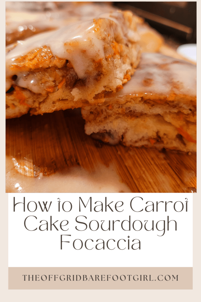 Image illustrates a Pinterest pin of carrot cake sourdough focaccia.