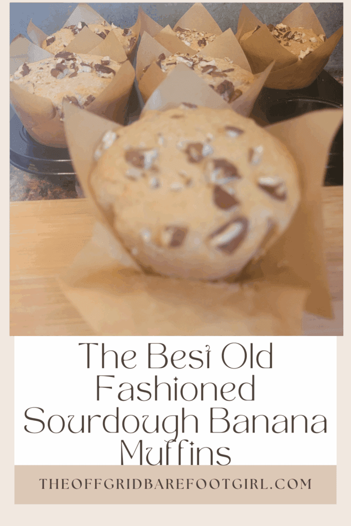 Image illustrates a Pinterest pin of sourdough banana muffins.