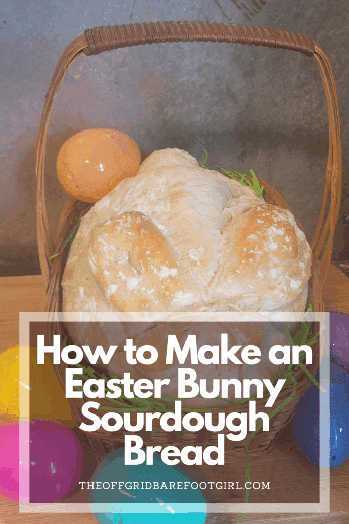 Image illustrates a Pinterest pin of an Easter bunny sourdough bread.