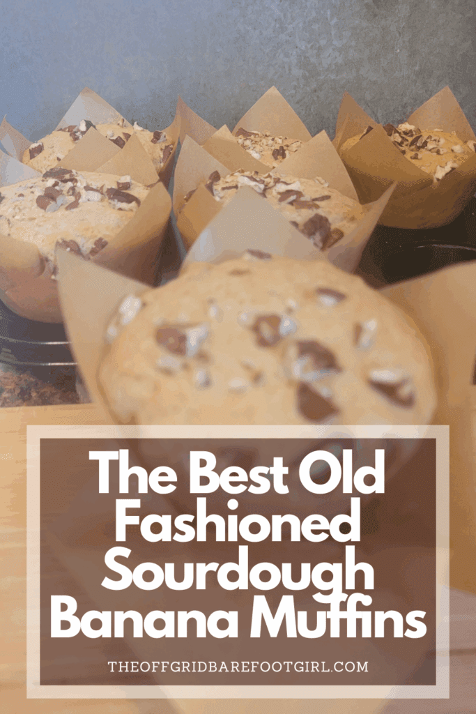 Image illustrates a Pinterest pin of sourdough banana muffins.