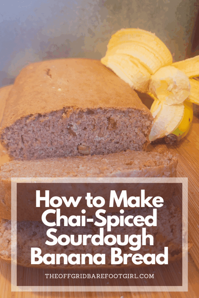 Image illustrates a Pinterest pin of chai-spiced sourdough banana bread.