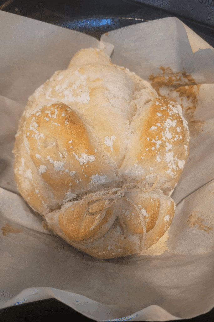 Image illustrates an Easter bunny sourdough bread.