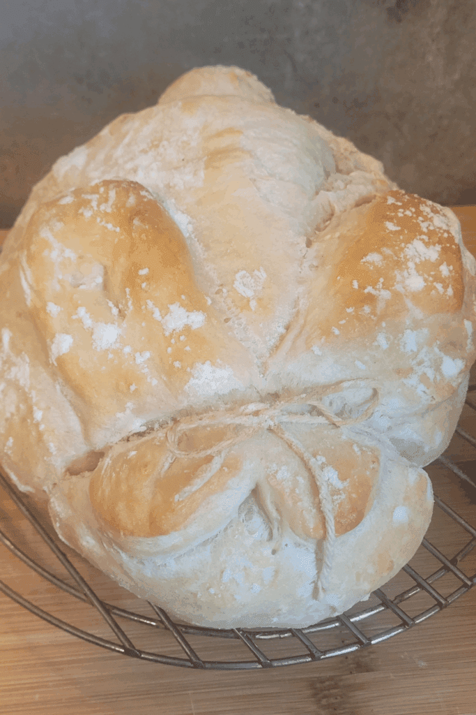 Image illustrates an Easter bunny sourdough bread.