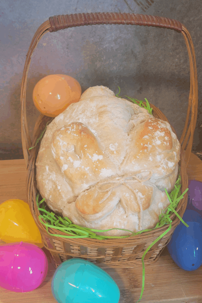 Image illustrates an Easter bunny sourdough bread.