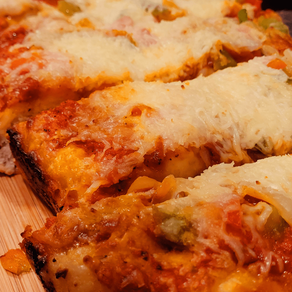 Image illustrates pizza sourdough focaccia.