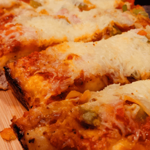 Image illustrates pizza sourdough focaccia.