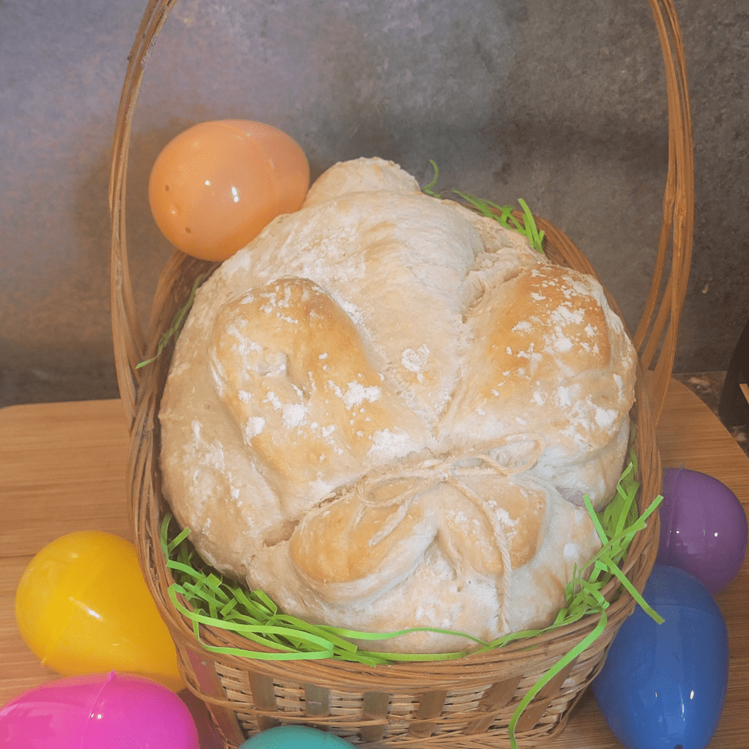 Image illustrates an Easter bunny sourdough bread.