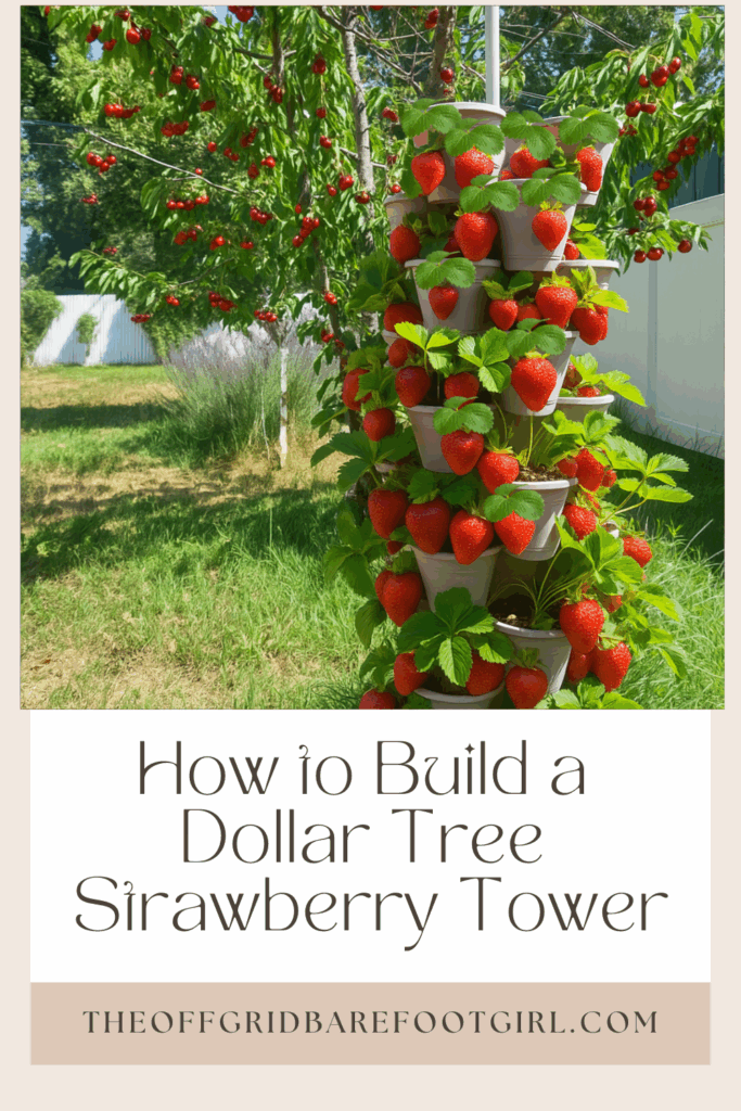 Image illustrates a Pinterest pin of a Dollar Tree strawberry tower.
