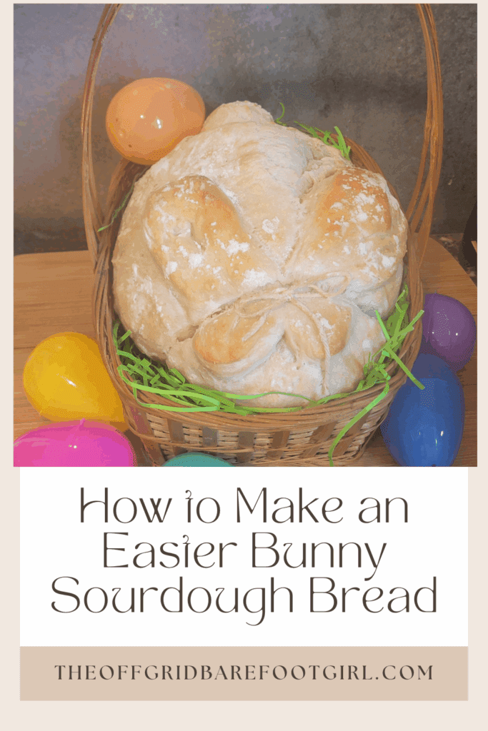 Image illustrates a Pinterest pin of an Easter bunny sourdough bread.