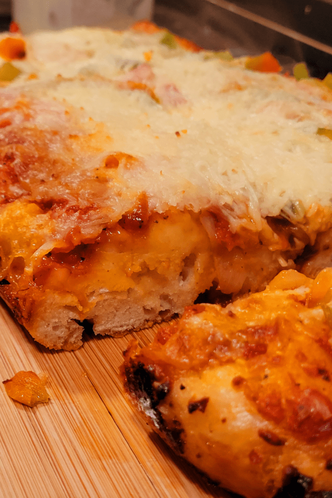 Image illustrates pizza sourdough focaccia.