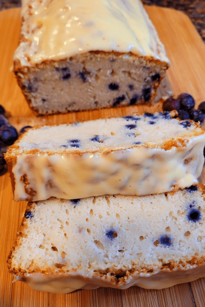 Image illustrates lemon blueberry sourdough quick bread.