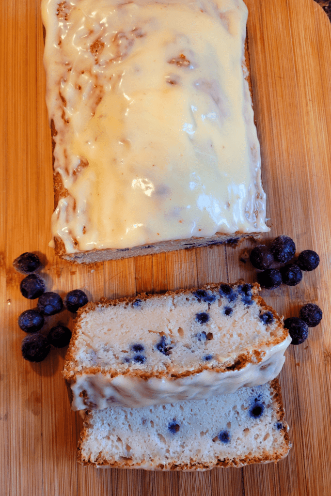 Image illustrates lemon blueberry sourdough quick bread.