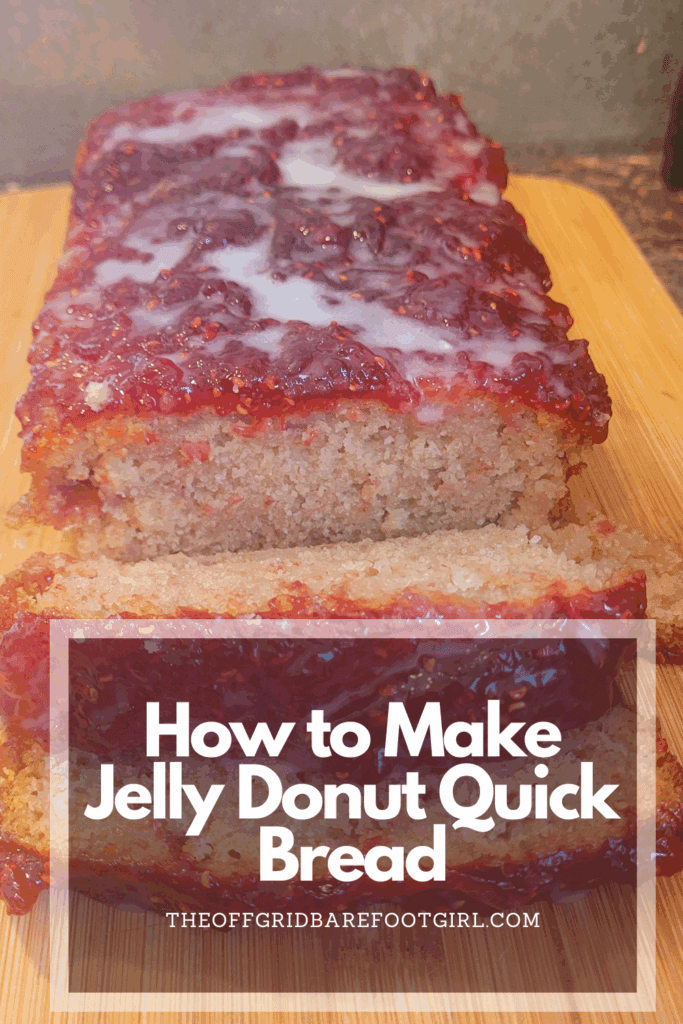 Image illustrates a Pinterest pin of jelly donut quick bread.
