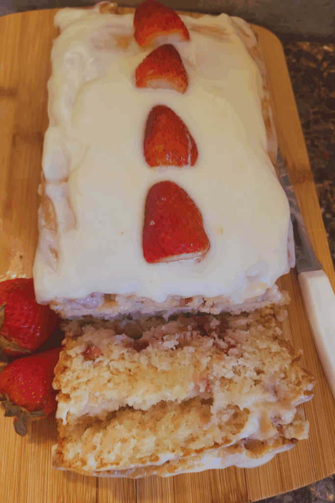 Image illustrates strawberry shortcake quick bread.