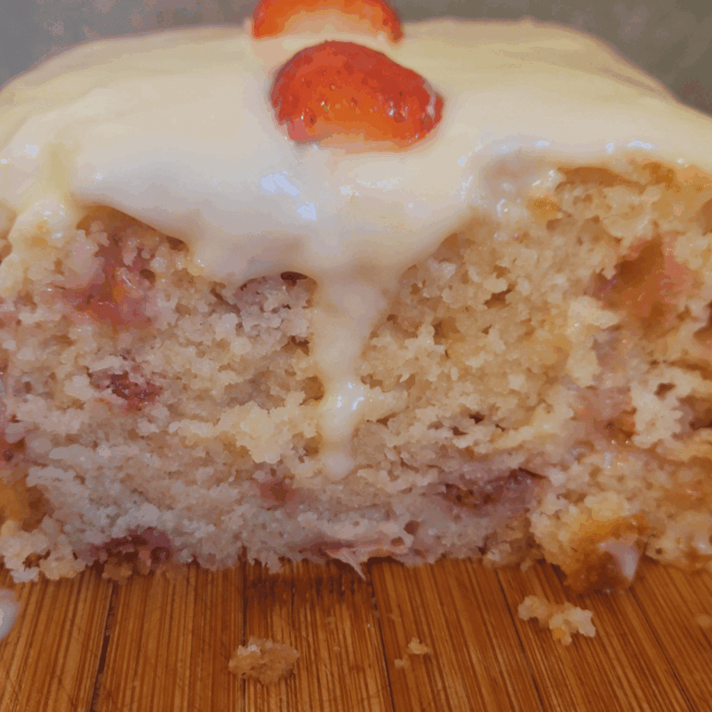 Image illustrates strawberry shortcake quick bread.