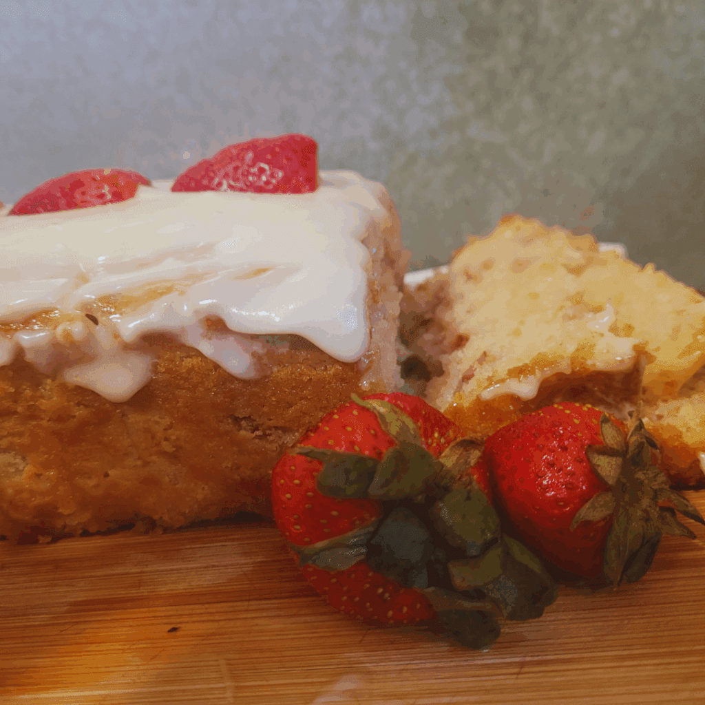 Image illustrates strawberry shortcake quick bread.