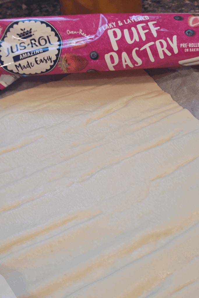 Image illustrates puff pastry peaches and cream butter braid.