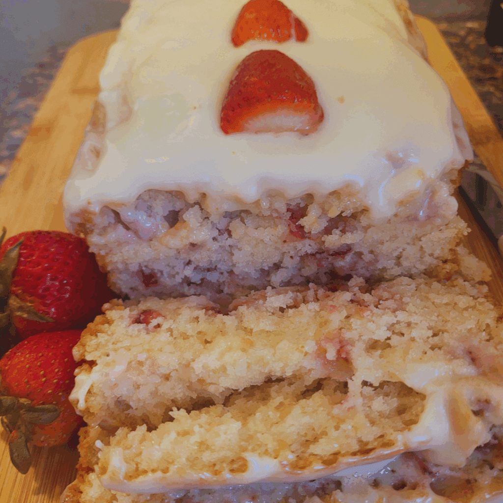Image illustrates strawberry shortcake quick bread.