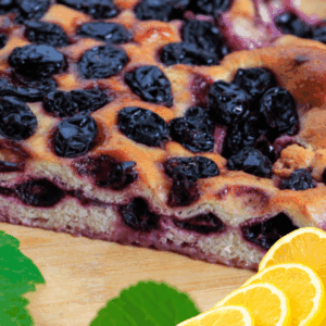 Image illustrates lemon blueberry sourdough focaccia.