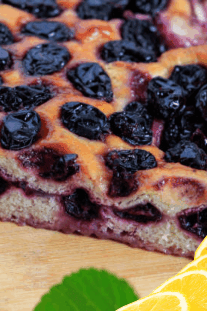 Image illustrates lemon blueberry sourdough focaccia.