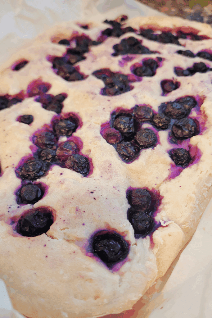 Image illustrates lemon blueberry sourdough focaccia.