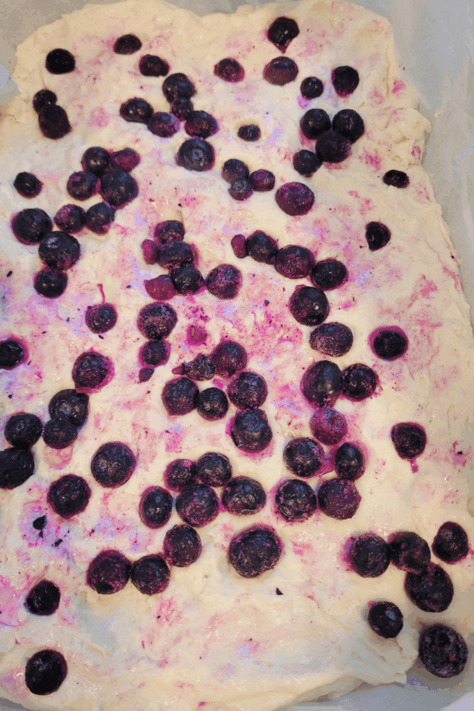 Image illustrates lemon blueberry sourdough focaccia.