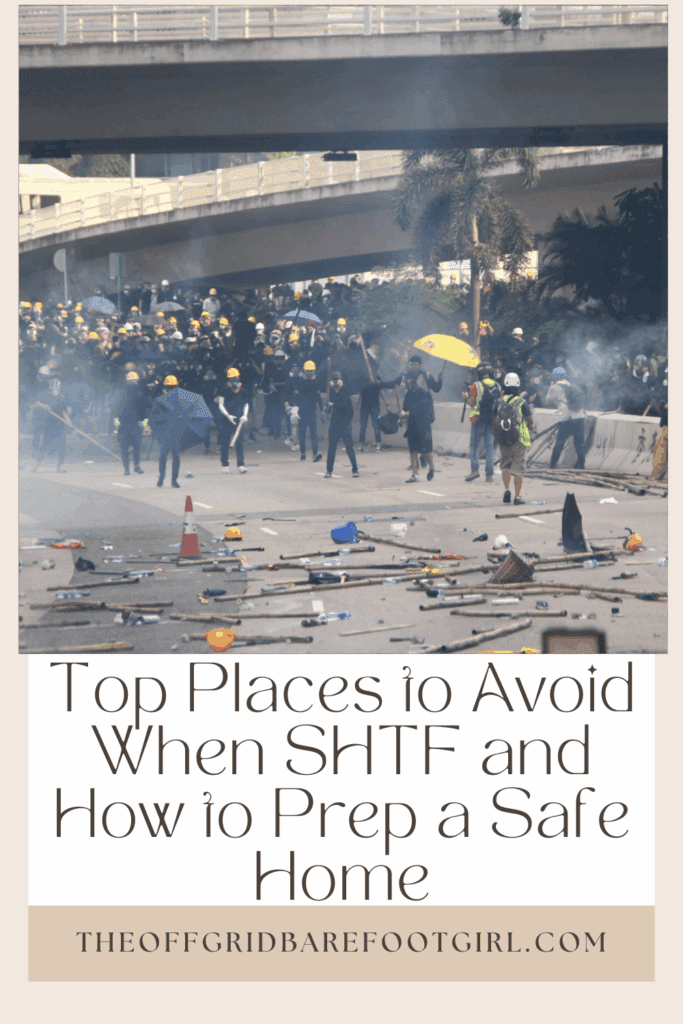 Image illustrates a Pinterest pin for top places to avoid when SHTF.