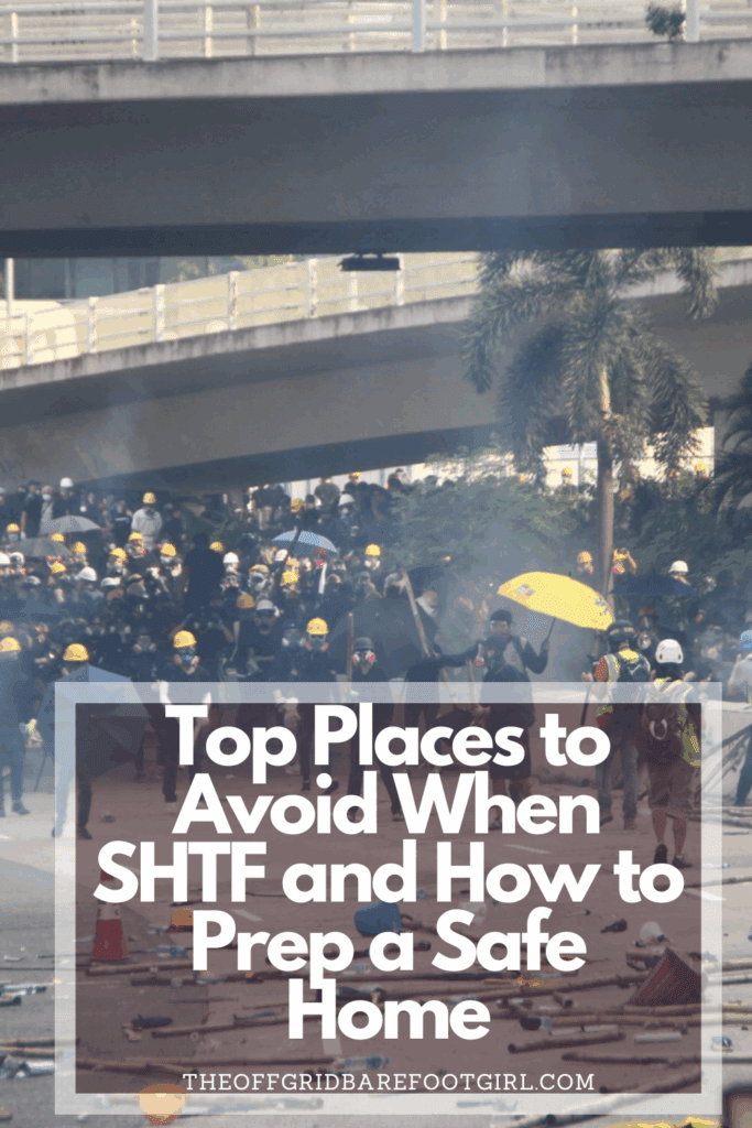 Image illustrates a Pinterest pin for top places to avoid when SHTF.