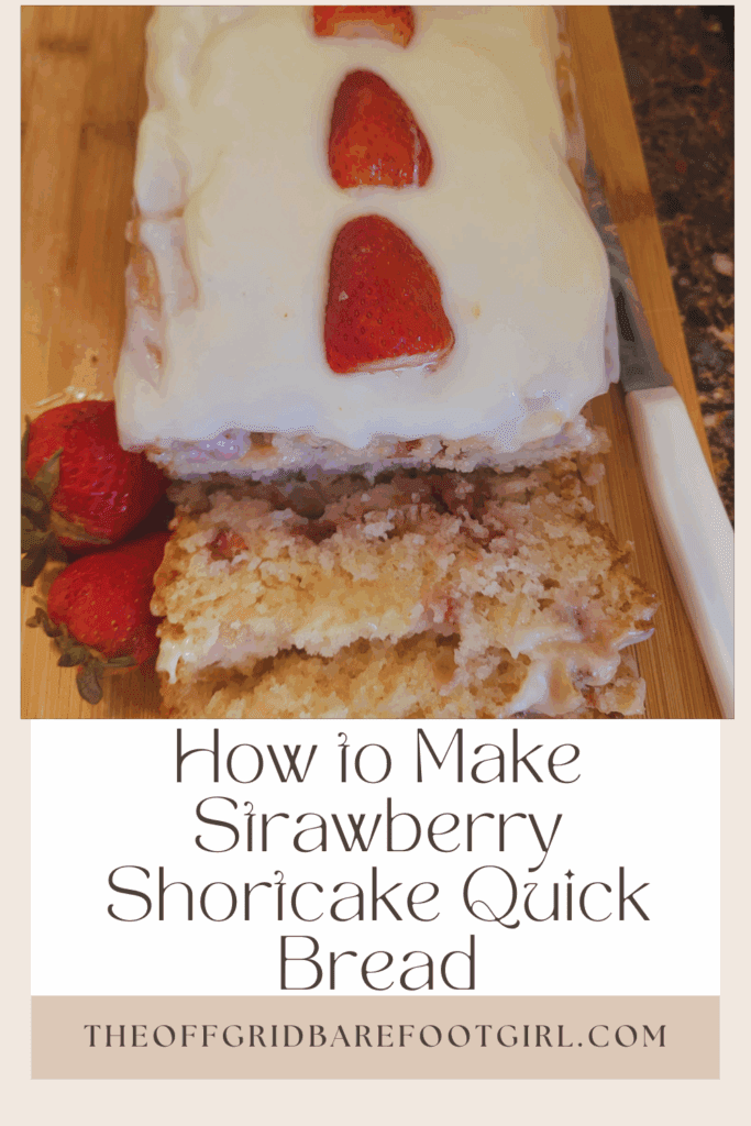 Image illustrates a Pinterest pin of strawberry shortcake quick bread.