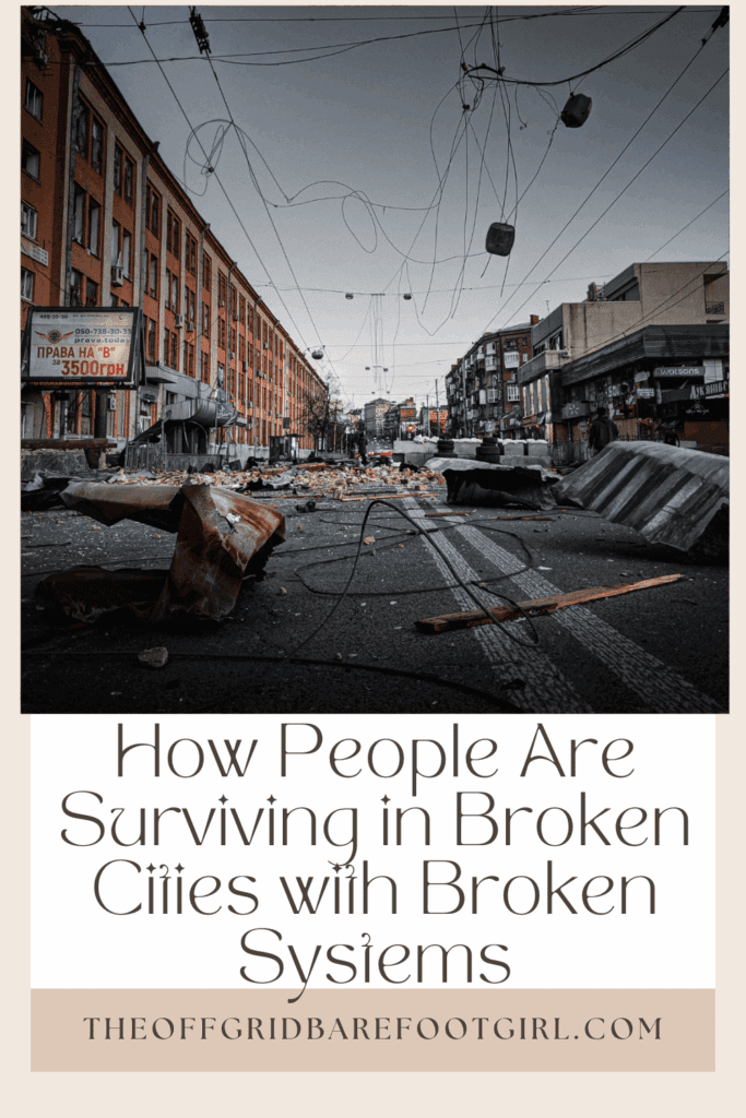 Image illustrates a Pinterest pin of a war zone city of how people are surviving.