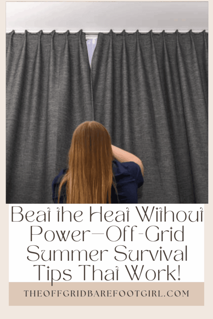 Image illustrates a Pinterest pin of off-grid summer survival tips.