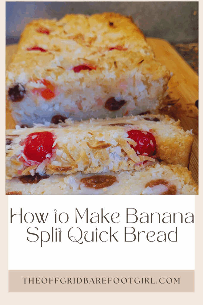 Image illustrates a Pinterest pin of banana split bread.